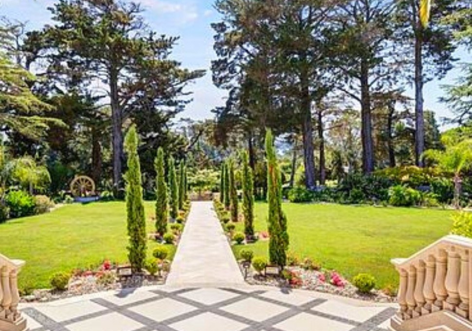 The first AGI House, Hillsborough — cypress garden path